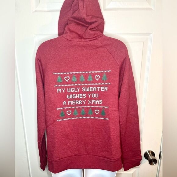 Modcloth Next Level Love My Ugly Christmas Sweater Zip Hoodie Sweatahirt Red L - Picture 7 of 12